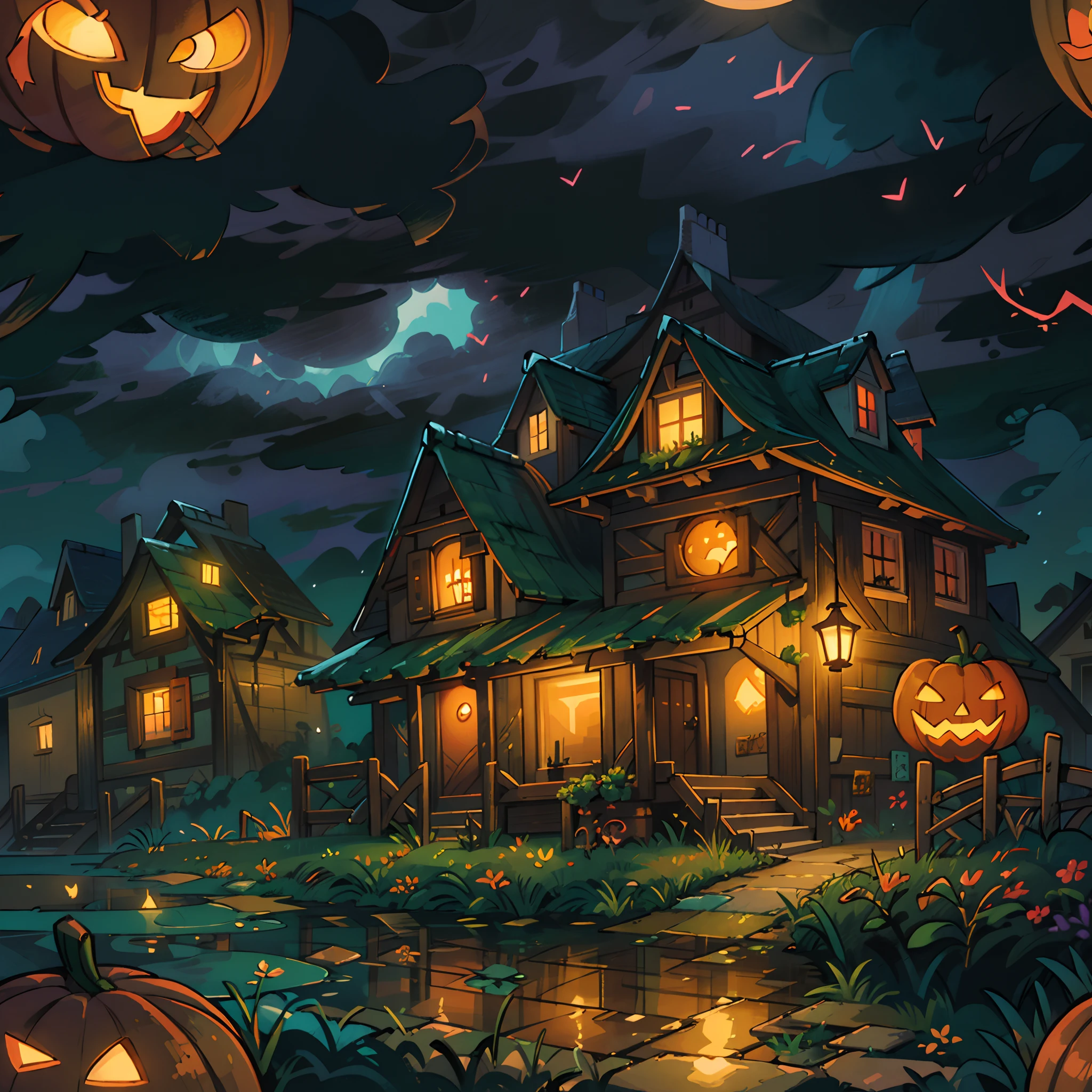 Halloween Floating Lights, Cinematic light and reflection, glowing lights, houses halloween themes，Digital Painting, Glowing reflections, pumpkin Halloween Jack-o'-lantern, calm night, Digital Illustration, Beautiful atmosphere, Skylight at night, Calm evening atmosphere, Jack-o'-lantern, Halloween, the night, Halloween, Surrounded by clouds, gorgeous colors, There are three arches in the foreground((color ink)), ( (Splash ink ) ), ((Splash ink) inky})), tmasterpiece, high quarity, Beautiful graphics, high detal, Magnificent, (contest winner art)