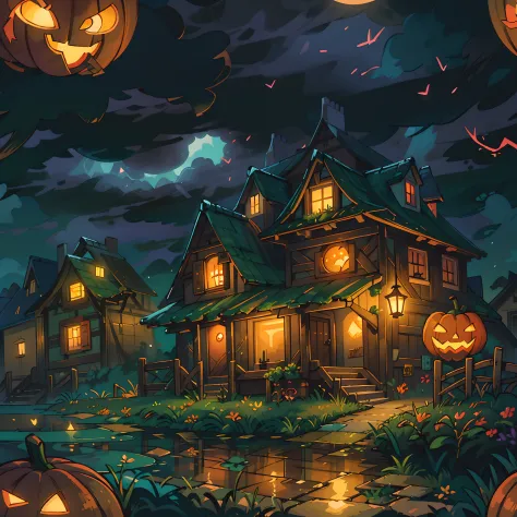 halloween floating lights, cinematic light and reflection, glowing lights, houses halloween themes，digital painting, glowing ref...