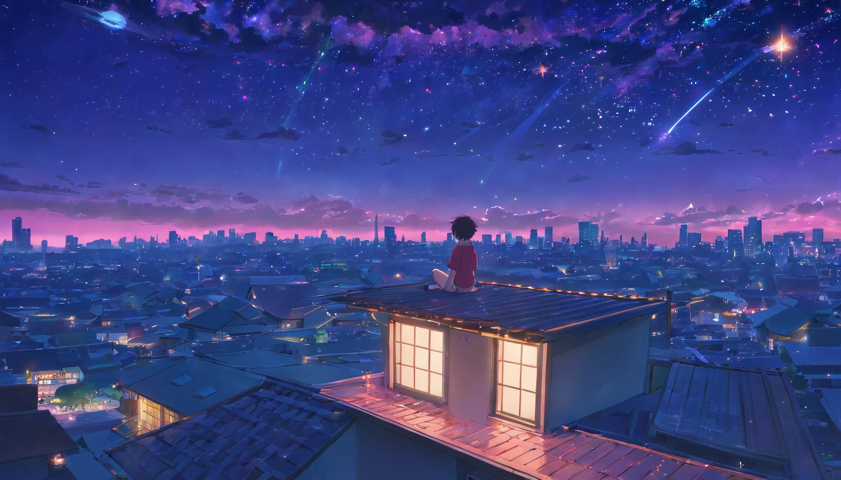 Genrate a masterpiece imagine City landscape below, above dark night sky, [purple, green, blue, pink combined coloured comite falling.] Falling stars, milky way galaxy, a 1 boy, black hair, blue shiny eyes, white skin, sitting on his house roof observing this night sky with his telescope from below