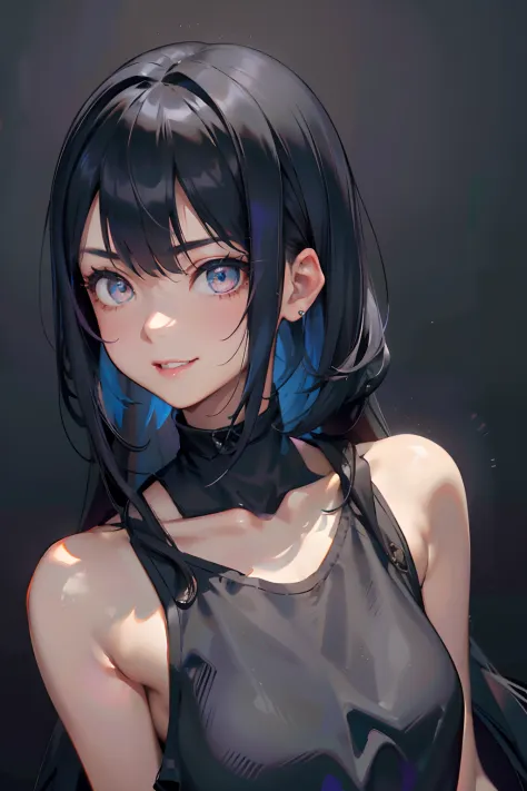 a 20 yo woman、Black blue Hair、long twintail、Big smile、camisole、(hi-top fade:1.3)、dark themed、Muted Tones、Subdued Color、highly contrast、(natural skin textures、Hyper-Realism、Soft light、sharp)