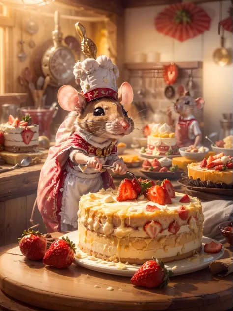 (a mouse dressed as a chief), (a mouse as a cook), (decorating a super delicious cheesecake), (creamy cheesy cake served with so...