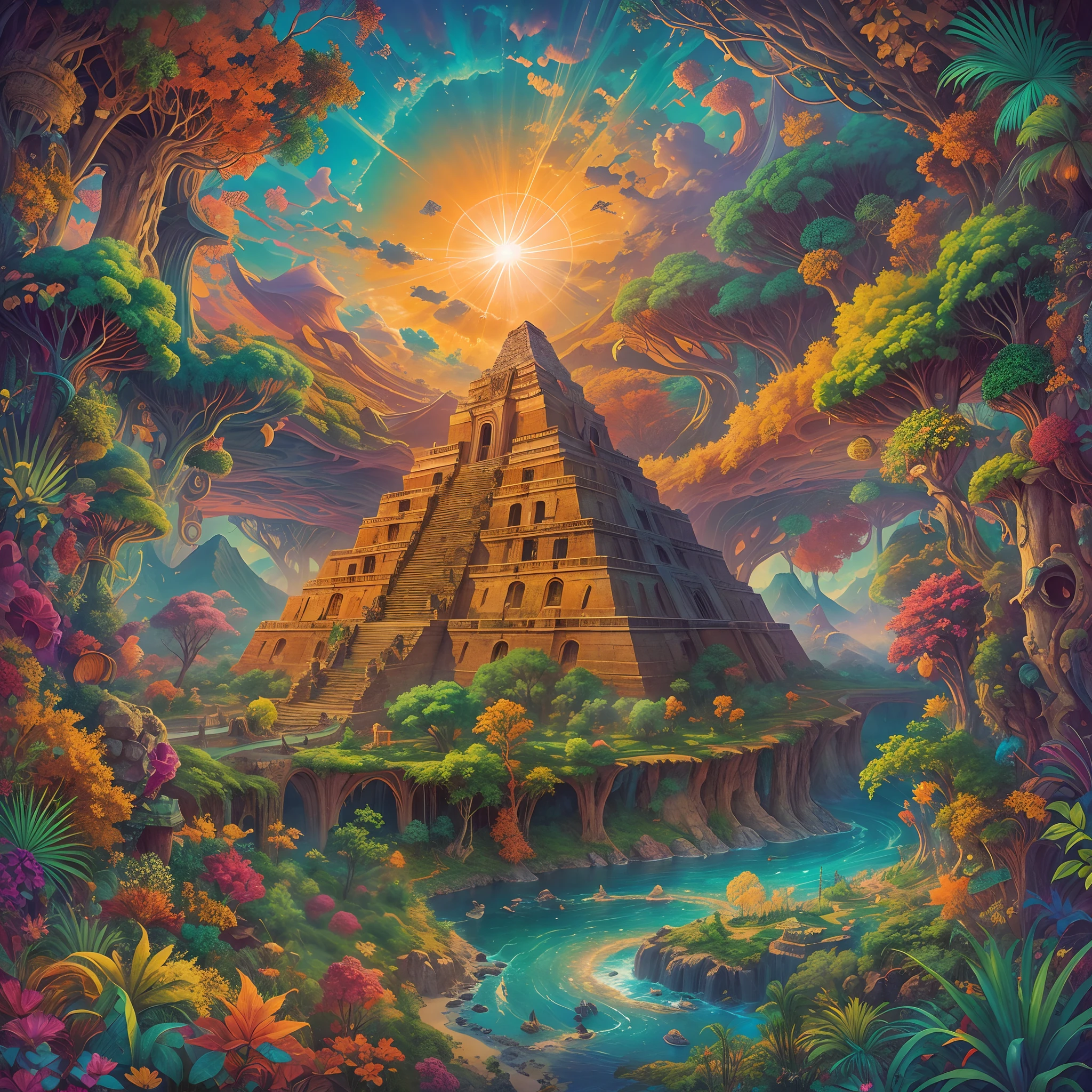 Create a vibrant and otherworldly painting that immerses the viewer in an Aztec-inspired realm. Picture a dense, fantastical forest teeming with an astonishing variety of vivid vegetation, while the murmuring rivers wind their way through this lush paradise. In the distance, majestic mountains rise against the horizon. Amid this surreal landscape, technicolor Aztec pyramids emerge, adorned with mesmerizing fractals and spirals that seem to pulse with energy. The sun, its light comprising 16k saturated and vibrant colors, hangs in the sky, casting an ethereal radiance upon the entire scene. Bring to life the intense saturation, the mesmerizing intricacy of fractals, and the sense of stepping into a vivid, dreamlike world where reality blends with the extraordinary.