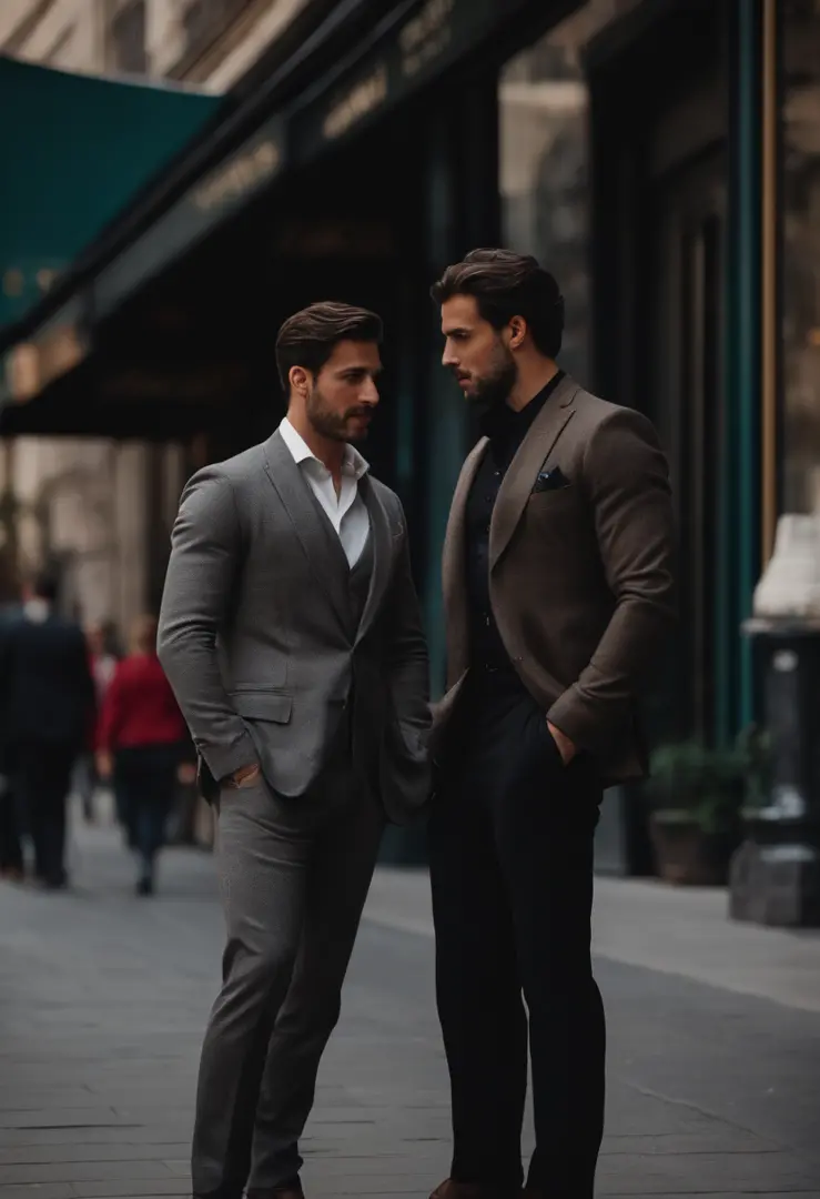 A very handsome man, 29 years old, dark brown hair, Italian origin, wears suit, talks, stands and looks at another beautiful young English boy, wears executive clothes on a sidewalk in the big city,