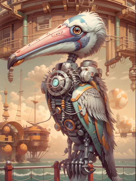 (robot pelican), background: seaside,{{masterpiece}},{{{best quality}}},{{ultra-detailed}}, mechanical structure,photography,aut...