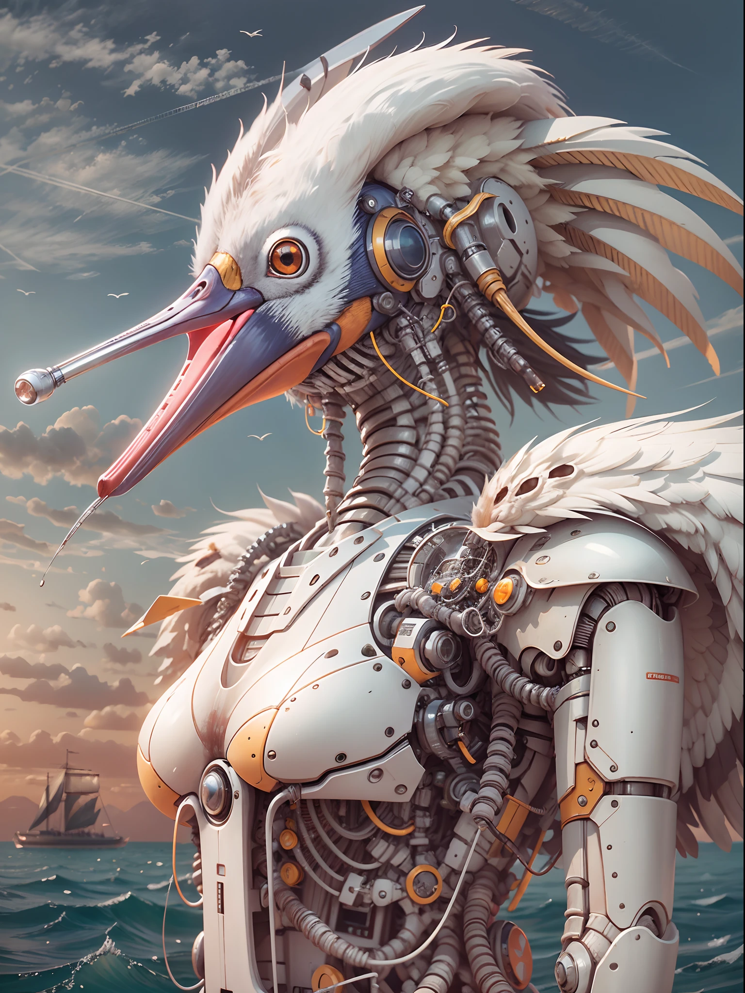 (Robot Pelican), Background: Seaside,{{Masterpiece}},{{{Best quality}}},{{Ultra-detailed}}, mechanical structure,Photography,author：Alberto Vargas and H.r. Giger,author：Andrey Remnev,rendering by octane,high resolution,hyper qualit,High detail,8K surrealism,Medium Shot Shot,