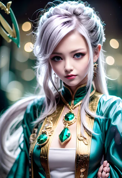 silver hair emerald  eye warrior high warlock female tattoo high cheekbone strong expression angelic quality --auto --s2