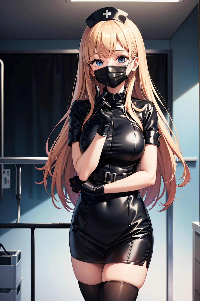 black nurse, 1girl, solo, black nurse cap, black wear, ((black legwear, zettai ryouiki)), black elbow gloves, blonde hair, blue eyes, ((black surgical mask, covered nose)), standing, ((surgery room)), sharp outline, short sleeves, best quality, masterpiece