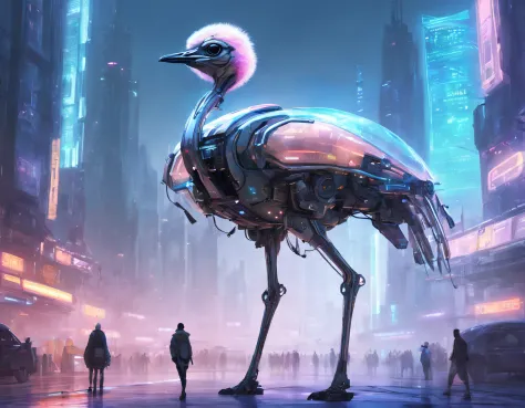 Translucent ethereal mechanical ostrich，Futuristic ostrich，futuristic urban background，Beautiful sci-fi art, Science-fi digital ...