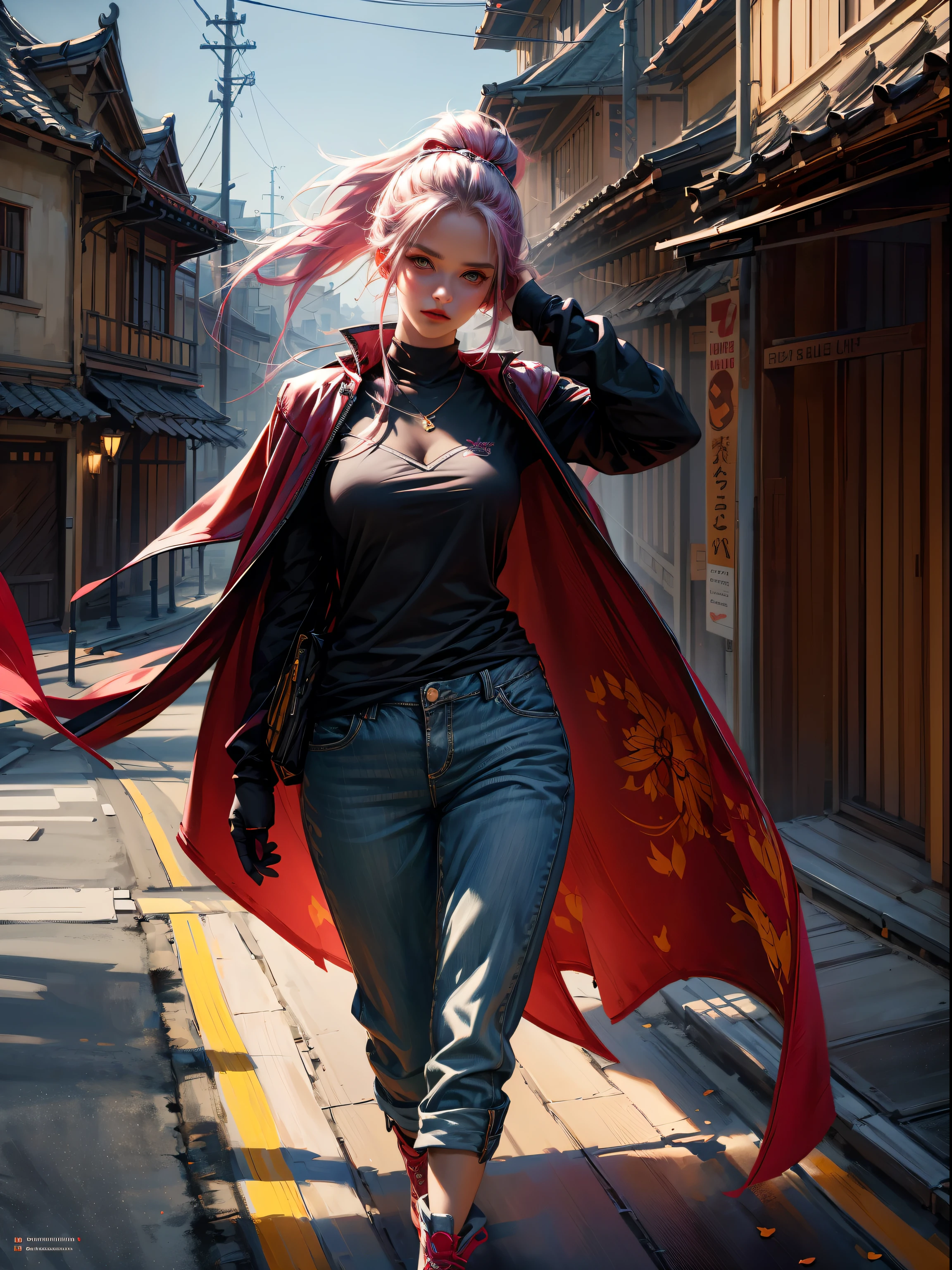 ((best quality, masterpiece, absurbres, super-resolution)), detailed brushstrokes, natural lighting, realistic portrayal, fine detailing, anime girl with pink hair and cape walking on a street, extremely detailed artgerm, ig model | artgerm, style artgerm, by Yang J, artgerm and atey ghailan, style of artgerm, alena aenami and artgerm, artwork in the style of guweiz, artgerm style, dynamic lighting, dramatic shadows, hand in pants