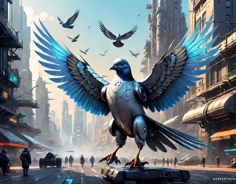 metal mechanical pigeons，futuristic metal pigeons，mechanical pigeons，pigeons are made entirely of small metal parts，detailed mec...