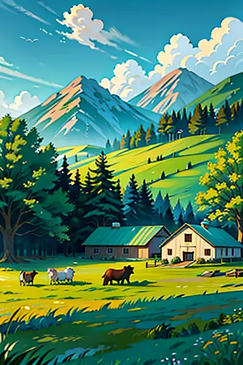 A painting of a summertime landscape, green trees, green grass, farm buildings with silos and farm animals, daytime light.