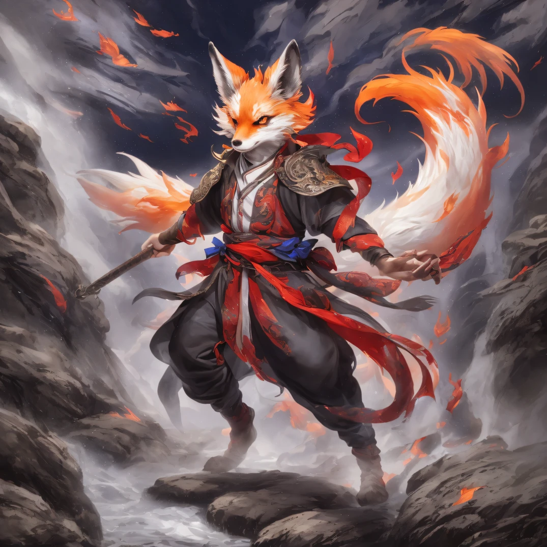 Nine-tailed fox 32K，Phoenix Immortal Demon Realm, Chance encounter with Liu Hanshu, He saw in him his former self, It was decided to take him as an apprentice, Teach him how to protect himself, But because of the Tibetan star map, Phoenix and the Liu family、The Jade Sword Sect establishes relationships, It opens with the death of Liu Hanshu, Qin Yu embarked on the road of confrontation with a strong enemy, Working hard, Make yourself stronger, Stick to your own core path of justice, （nine tail fox）eyes filled with angry，The nine-tailed fox clenched its fists，Rush up，Deliver a fatal blow to your opponent，full bodyesbian，Full body nine-tailed fox male mage 32K（Masterpiece Canyon Ultra HD）fenghuang（canyons）Climb the streets， The scene of the explosion（nine tail fox）， （Dragons）， The angry fighting stance of the nine-tailed fox， looking at the ground， Batik linen bandana， Chinese red and white pattern long sleeve garment， Canyon nine-tailed fox（Abstract propylene splash：1.2）， Dark clouds lightning background，Flour flies（realisticlying：1.4），Black color hair，Flour fluttering，rainbow background， A high resolution， the detail， RAW photogr， Sharp Re， Nikon D850 Film Stock Photo by Jefferies Lee 4 Kodak Portra 400 Camera F1.6 shots, Rich colors, ultra-realistic vivid textures, Dramatic lighting, Unreal Engine Art Station Trend, cinestir 800，Flowing black hair,（（（Jungle Canyon）））The wounded lined up in the streets（vale）Climb the streets，Movie master real-time image quality（tmasterpiece，k hd，hyper HD，32K）Dragons， （Linen batik scarf）， Combat posture， looking at the ground， Linen bandana， Chinese nine-tailed fox pattern long-sleeved garment， Morning nine-tailed fox（Abstract gouache splash：1.2）， Dark clouds lightning background，sprinkling