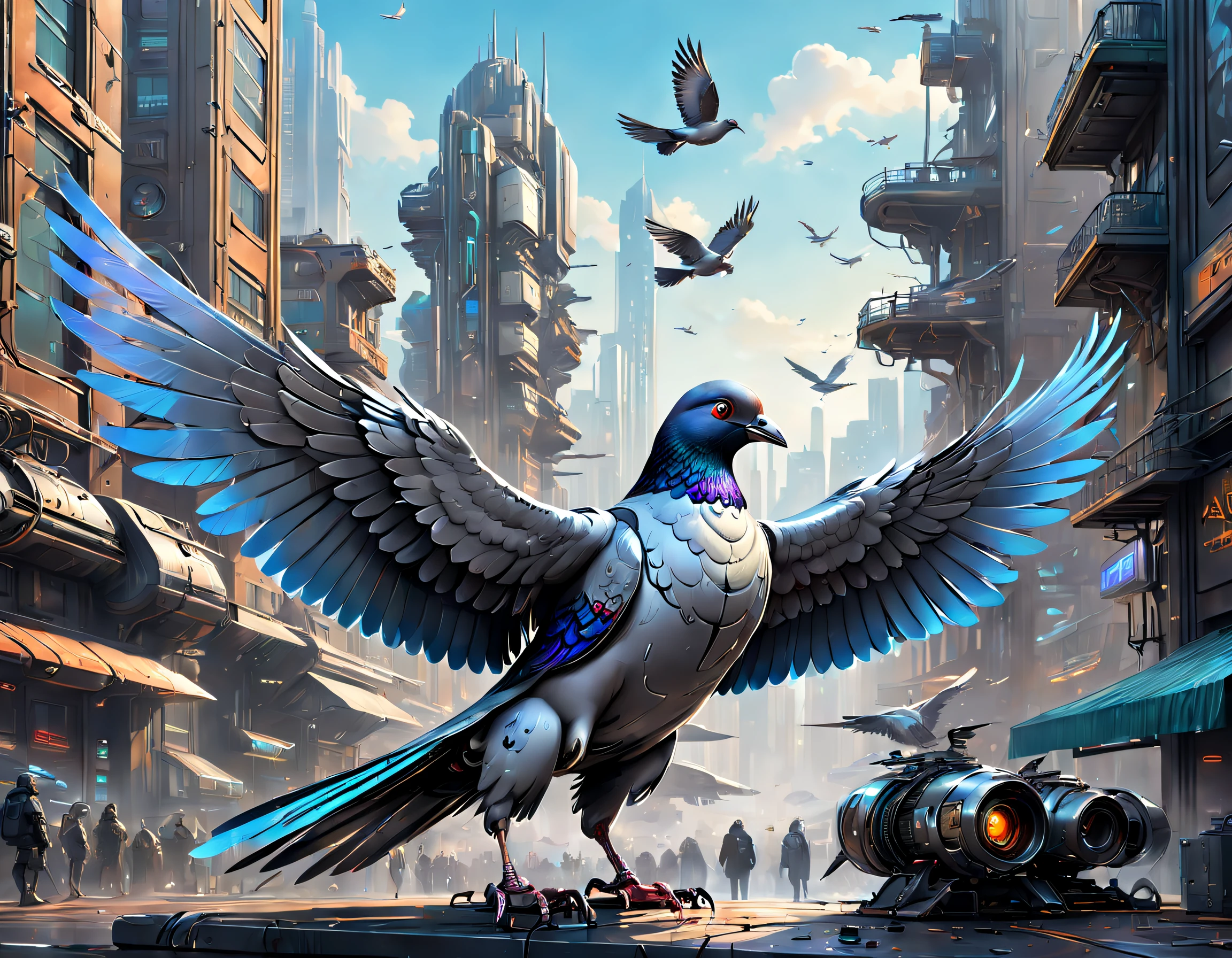 Metal mechanical pigeons，Futuristic metal pigeons，Mechanical pigeons，Pigeons are made entirely of small metal parts，Detailed mechanical wing,Metal feathers,Precise and complex design,Ultra-fine texture,Shiny steel body,futuristic urban background，Beautiful sci-fi art, Science-fi digital art illustration, Digital cyberpunk art, science fiction digital painting, futuristic digital painting, futuristic concept art, in front of a sci fi cityscape, science fiction digital art, Advanced digital cyberpunk art, Fantastic cyberpunk pigeons