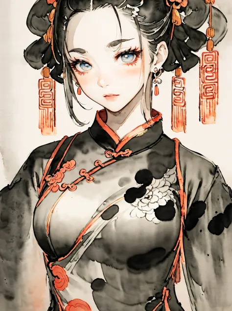(((((((Chinese ink painting，watercolor paiting，ancient chinese costume,)))))))，((1lady,korean girl,rosto magro，Solo,))(Masterpiece,Best quality, offcial art, Beautiful and aesthetic:1.2),((超高分辨率,Golden ratio,)) (16k),((from below，detailed background,Landsc...