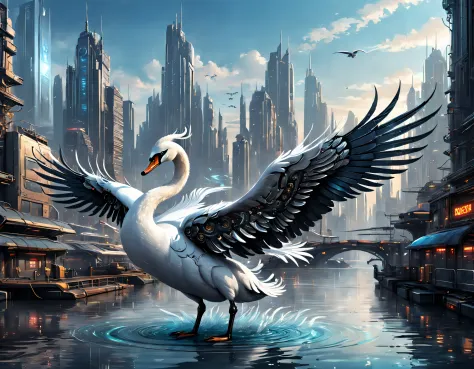 Metal mechanical swan in water，Futuristic metal swan，Mechanical swan swimming，The swan is made entirely of small metal parts，Det...
