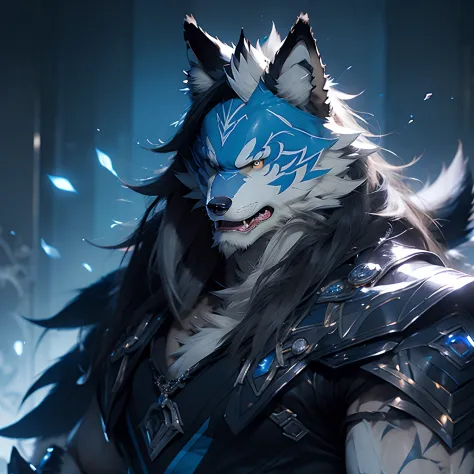 anime big breast－stylistic image of a wolf with a blue and white color scheme，a werewolf,werewolf faces，left corner，right earrin...