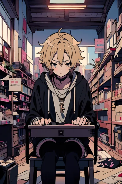 blond hair anime girl, messy hair, inside a shop, kawacy, best anime 4k konachan wallpaper, sitting at his desk, detailed key an...