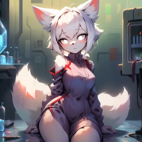 Best quality，Masterpiece，Lab suits，Manteau blanc，(Fox facial features，Physical characteristics of a fox，Hair and shoulder length)，Small stature，bit girl，((White body，White arms，White legs，White eyes, White fox tail))，Laboratory Background