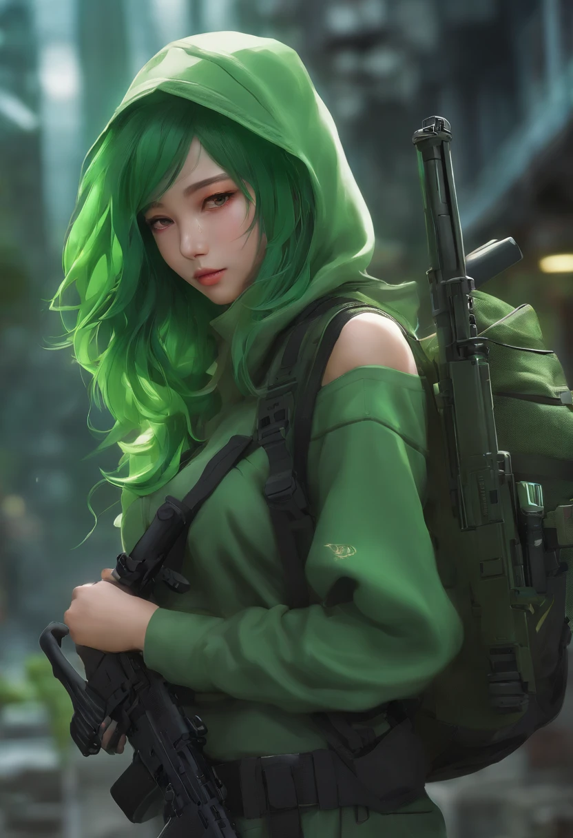 Green mask、Green Hoodie、Green hair、The long-haired、Neck headphones、short pants、solo、girl with、、Frog on the right shoulder、Anime style、Bolt action sniper rifle on the back