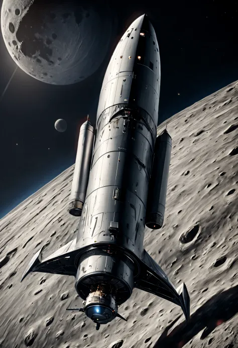 A sleek, futuristic spacecraft glides gracefully around the Moon, its metallic exterior reflecting the lunar landscape in stunni...