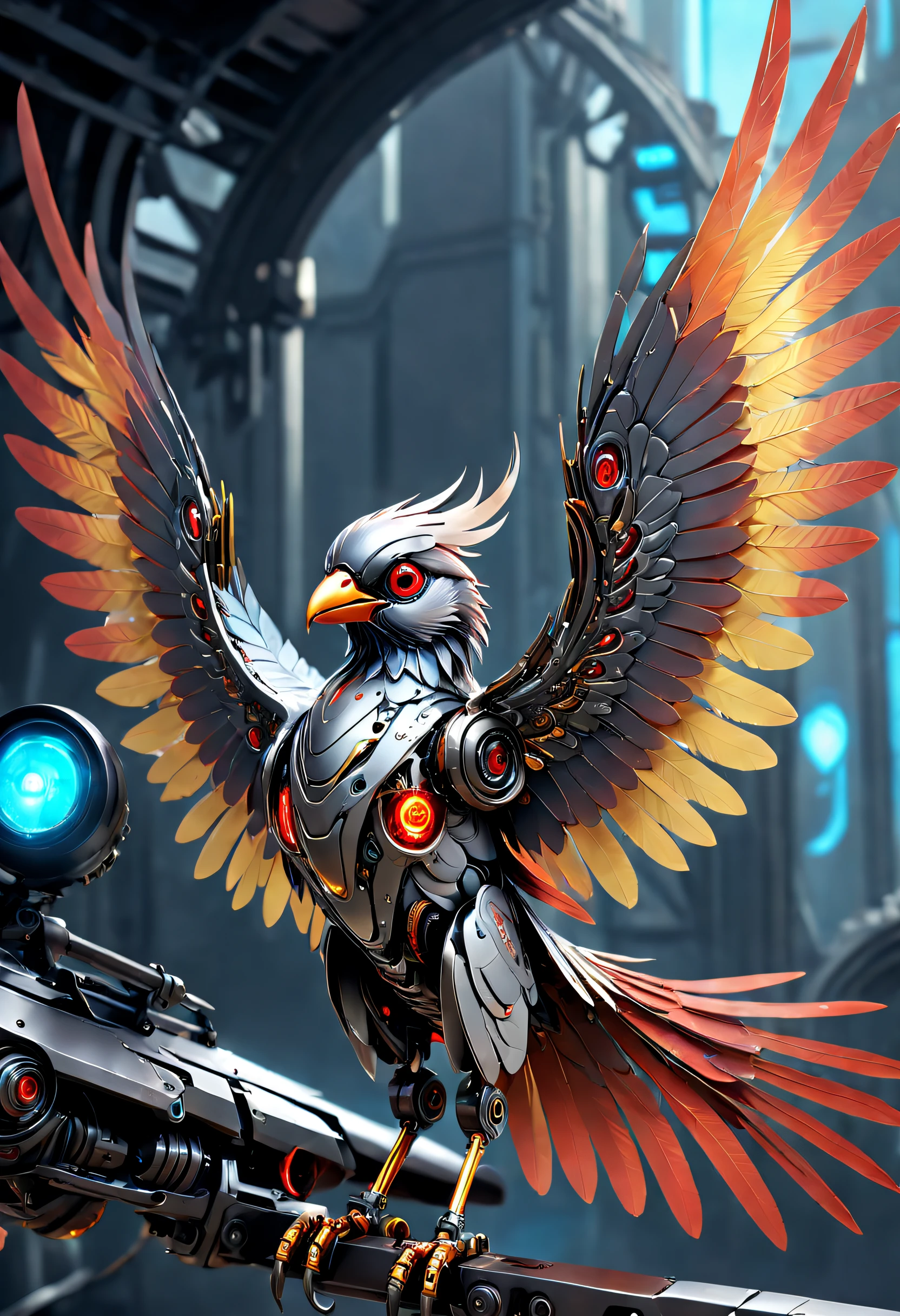(Best quality,4K,8K,A high resolution,Masterpiece:1.2),Ultra-detailed,Realistic,Mechanical birds,Detailed mechanical wing,Metal feathers,Glowing red eyes,Precise and complex design,Collapsible mechanical wing,Ultra-fine texture,Mechanical beak,Shiny steel body,hovers in mid-air,High-tech robotic bird,Artistic rendering,Vibrant colors,Sharp focus,Dynamic lighting effects,futuristic concept art