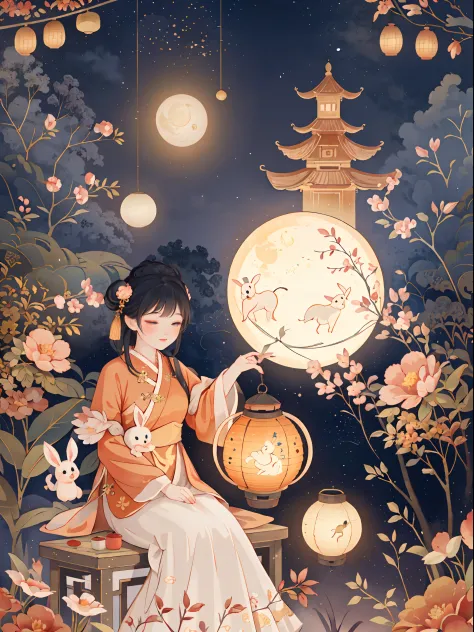 Mid-Autumn Festival，A lovely fairy，Wearing Chinese costumes，holding a lantern，Cute rabbit next to the girl，Lantern，Auspicious clouds，Behind the huge moon，a warm color palette，Abstract screen，ultra-realistic realism，pixar-style，3d effect，Disney  style，clear...
