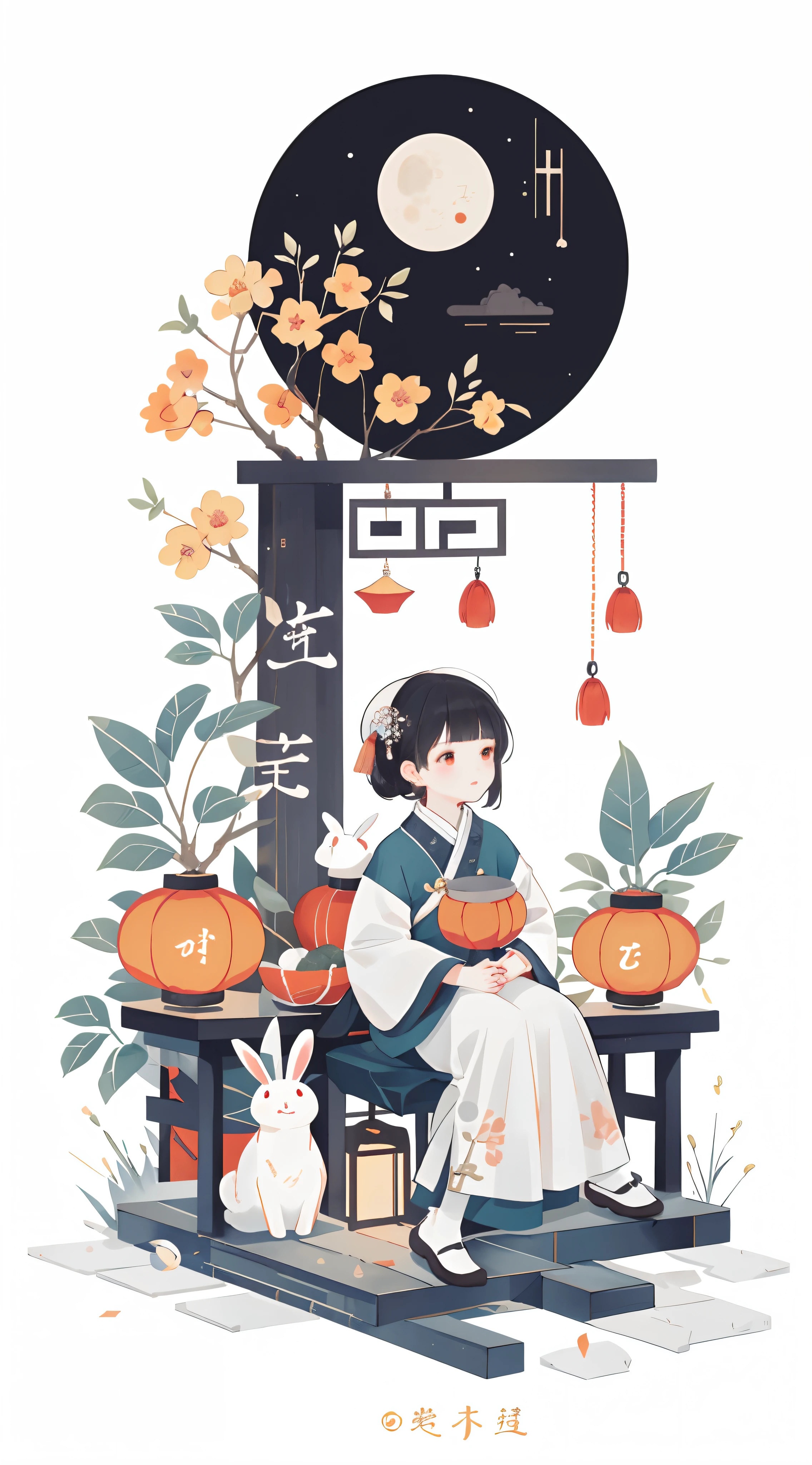 （A rabbit：1.4）, sat on the ground, Looking up, （（Mid-Autumn Festival atmosphere；1.2，sweet osmanthus，Kongming Lantern，Meniscuoon cake）），（Chinese kanji：1.3），Traditional Chinese illustration style, Digital art, Simple background, Masterpiece on white background, Best quality, Ultra-detailed, High quality, 4K