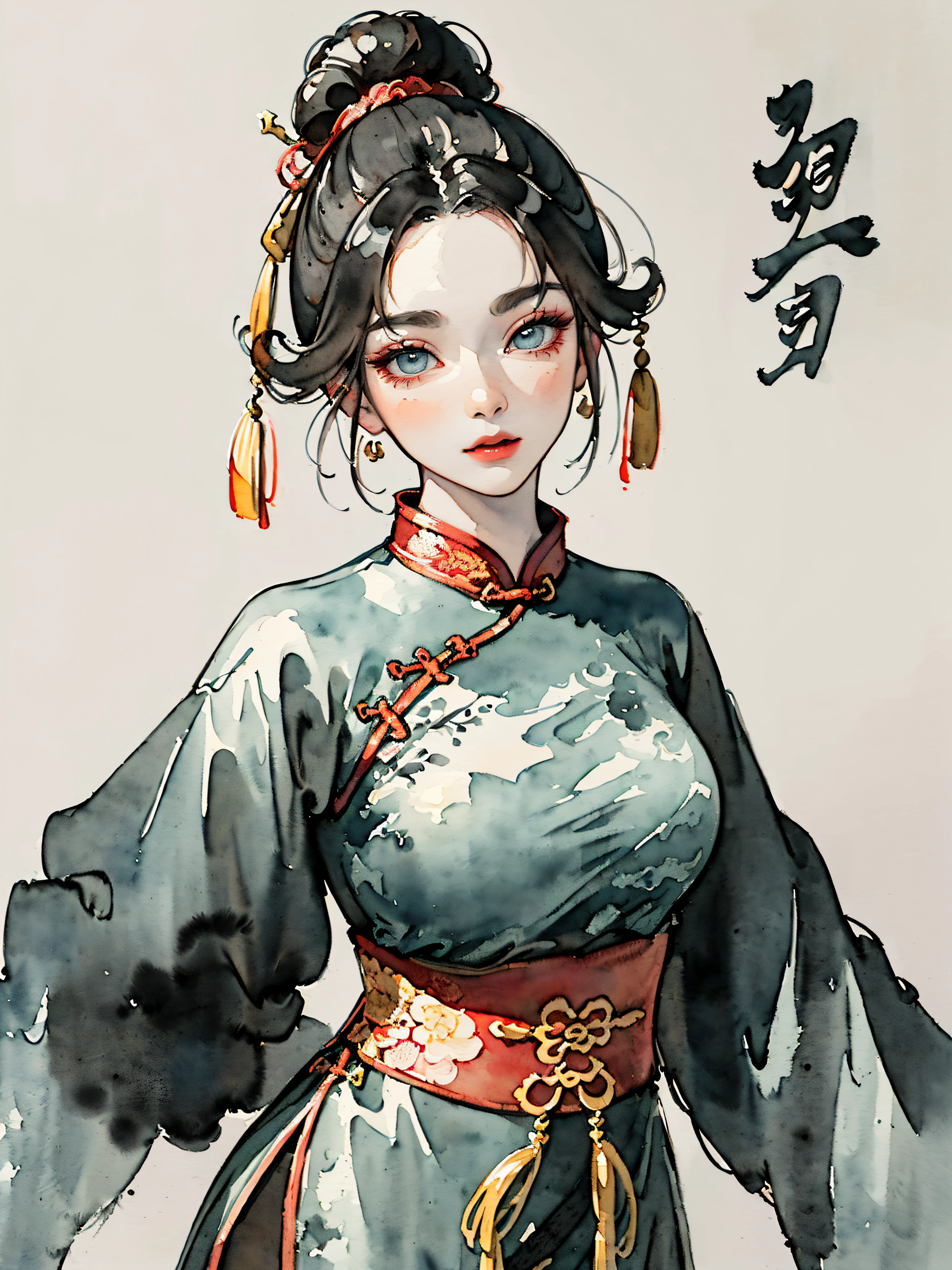 (((((((Chinese ink painting，watercolor paiting，ancient chinese costume,)))))))，((1lady,adorable korean mix Saudi Arabia girl,lean face，独奏,))(Masterpiece,Best quality, offcial art, Beautiful and aesthetic:1.2),((Ultra-high resolution,Golden ratio,)) (16K),((from below，detailed background,chinese style paintings)),(Physically-based rendering),Amazing,Sharp focus, (((highdetailskin,))),Intricately detailed clothing,Lying silkworm eyebrows，Delicate pupils，Danfeng eyes,((((detailed hair,middle hair|Shaggy cut|Long bold side bangs|Sleek pixie cut|Voluminous updo|Undercut)))),slender,(masterpiece sidelighting),(The sheen),(beautiful hair,beautiful eyes,）[[Delicate fingers and hands:0.55]::0.85],(Detail fingers),(((Superior quality,)))),((unbelievable Ridiculous,)),((extremely_Detailed_eyes_and_face)),Movie girl,(Dynamic configuration: 1.2),Brilliant,Glossy