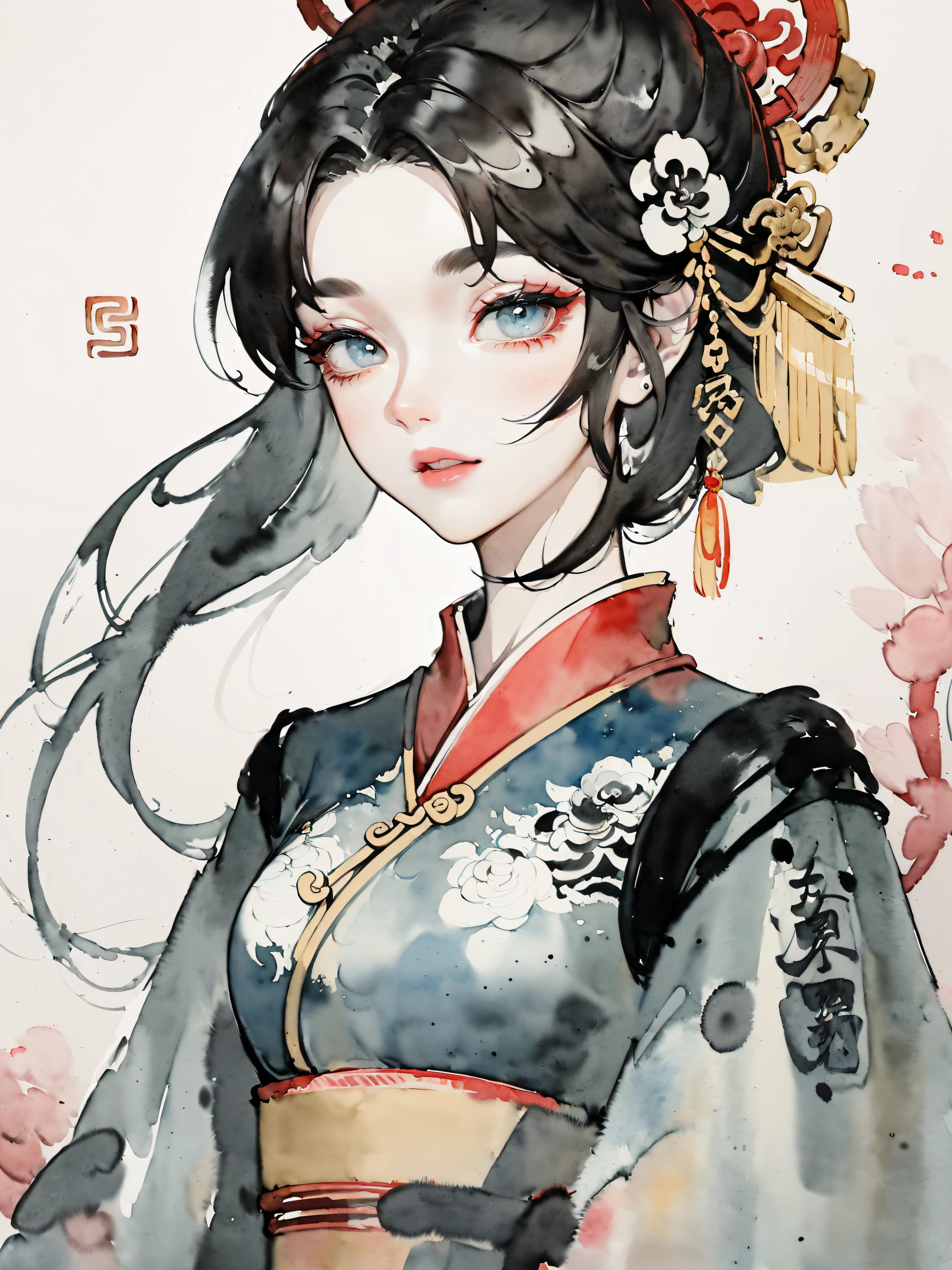 (((((((Chinese ink painting，watercolor paiting，ancient chinese costume,)))))))，((1lady,adorable korean mix Saudi Arabia girl,lean face，独奏,))(Masterpiece,Best quality, offcial art, Beautiful and aesthetic:1.2),((Ultra-high resolution,Golden ratio,)) (16K),((from below，detailed background of chinese style paintings)),(Physically-based rendering),Amazing,Sharp focus, (((highdetailskin,))),Intricately detailed clothing,Lying silkworm eyebrows，Delicate pupils，Danfeng eyes,((((detailed hair,middle hair|Shaggy cut|Long bold side bangs|Sleek pixie cut|Voluminous updo|Undercut)))),slender,(masterpiece sidelighting),(The sheen),(beautiful hair,beautiful eyes,）[[Delicate fingers and hands:0.55]::0.85],(Detail fingers),(((Superior quality,)))),((unbelievable Ridiculous,)),((extremely_Detailed_eyes_and_face)),Movie girl,(Dynamic configuration: 1.2),Brilliant,Glossy