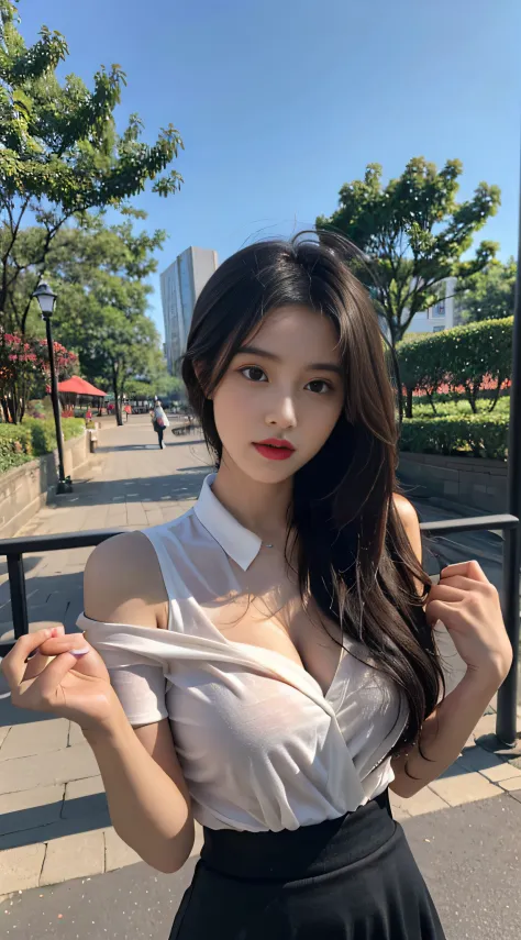 A perfect young female white-collar worker，Chinese big breasts，High picture quality，Works of masters，Black hair，Long hair shawl，Long hair flowing over the shoulders，Beach wave hairstyle，cropped shoulders，鎖骨，exquisite face，Moist red lip black silk， Wrap ski...