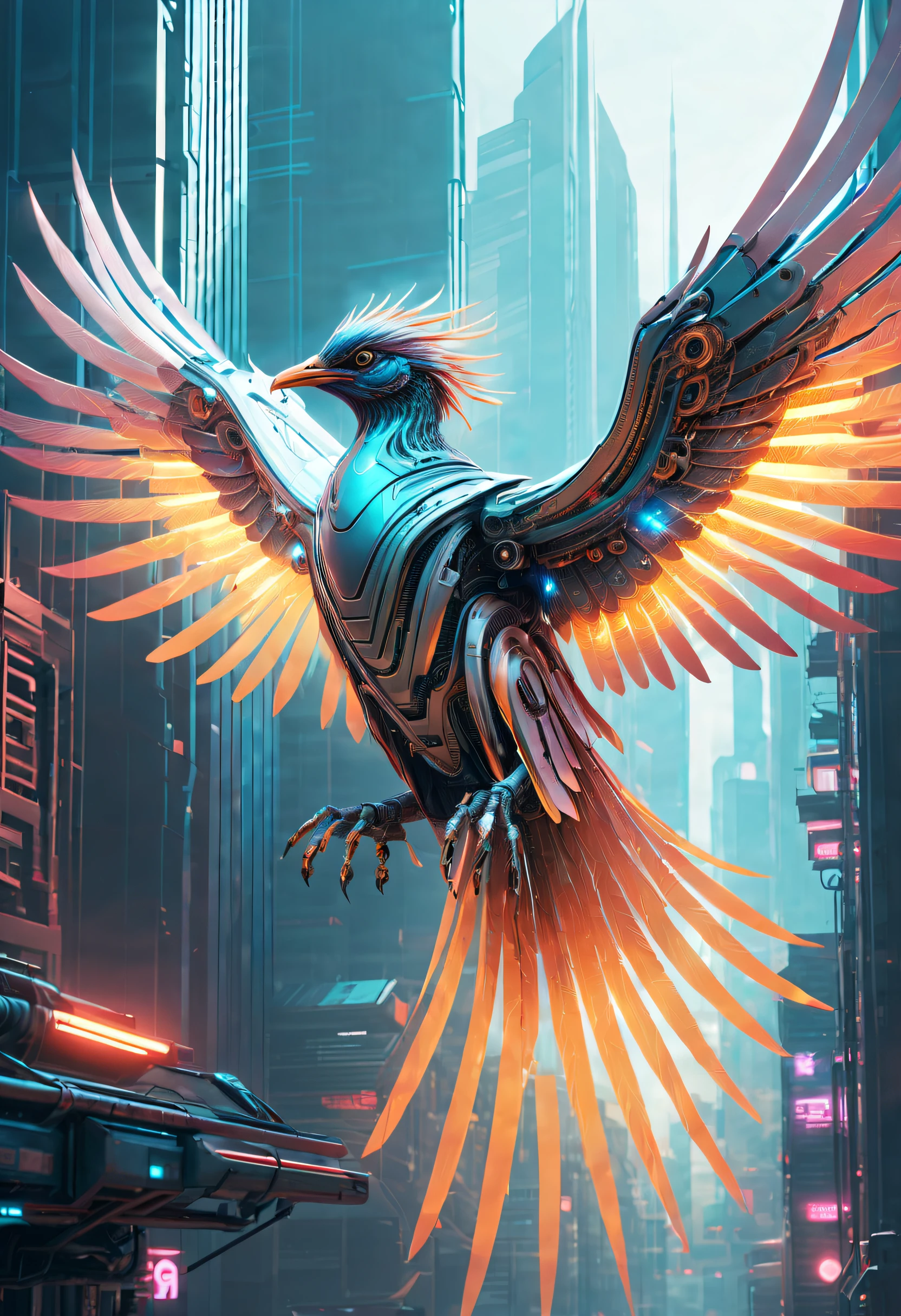 (Best quality,4K,8K,A high resolution,Masterpiece:1.2),Ultra-detailed,Realistic,Translucent ethereal mechanical phoenix，The futuristic king of birds，Mechanical wings，futuristic urban background，Beautiful sci-fi art, Science-fi digital art illustration, Digital cyberpunk art, science fiction digital painting, futuristic digital painting, futuristic concept art, in front of a sci fi cityscape, science fiction digital art, Advanced digital cyberpunk art, Fantastic cyberpunk bird