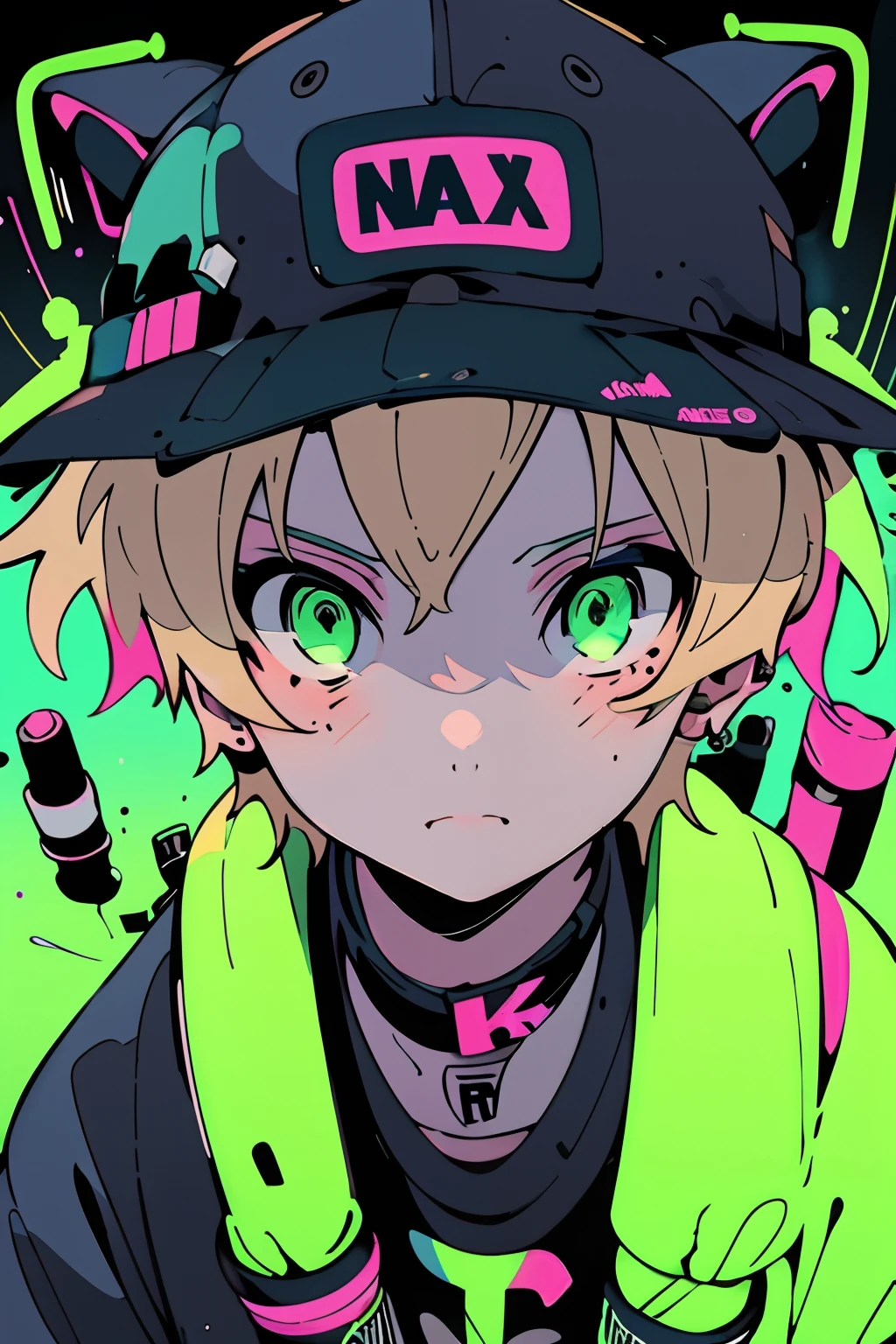 Anime-Mädchen mit Mütze und Nase, blondes Haar, Straßenhintergrund in Neonfarben