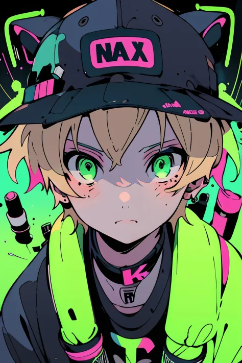 anime girl with a cap and a nask, blond hair, street background in neon colors