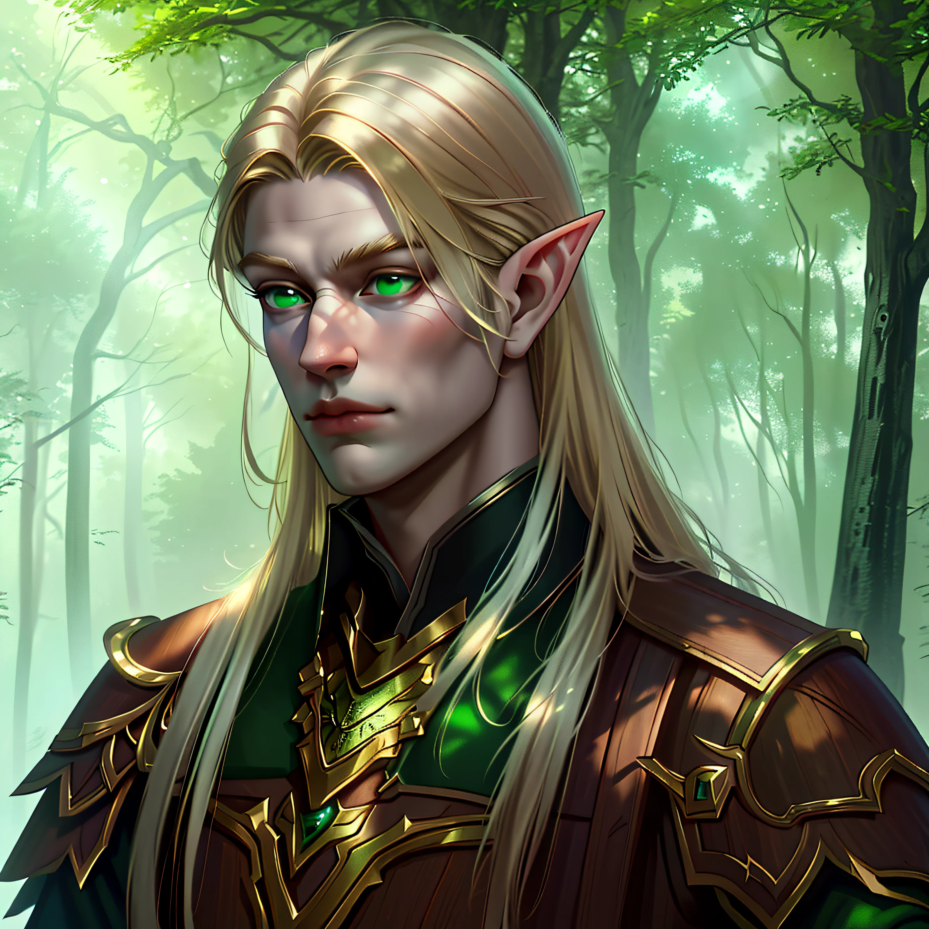 Elf man, masculine, portrait, character art, digital painting, dark wood forest, (Green eyes:1.3), [Blonde Hair:1.4], [Wooden Armour], [Magic], [Godrays:1.2] [[UHD]], [HD], [DND Style:1.5], (Singular man)