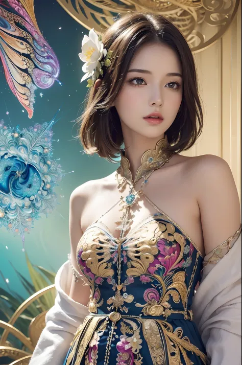 (masterpiece, top quality, best quality, official art, beautiful and aesthetic:1.2), (1girl), extreme detailed,(fractal art:1.3),colorful,highest detailed,upper body, [lace],[jewelry],[flower],[[butterfly]],