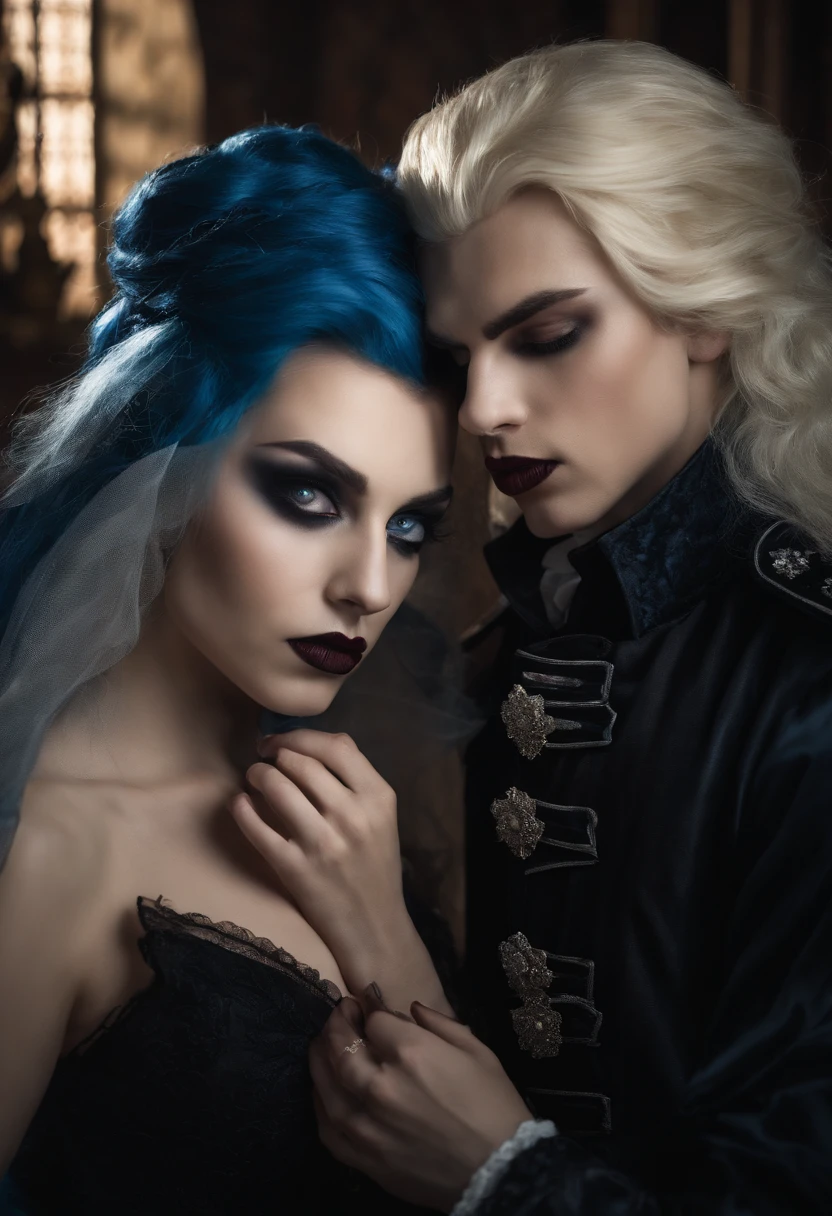 close up of a blue haired vampire boy biting blonde princess girl in a ...