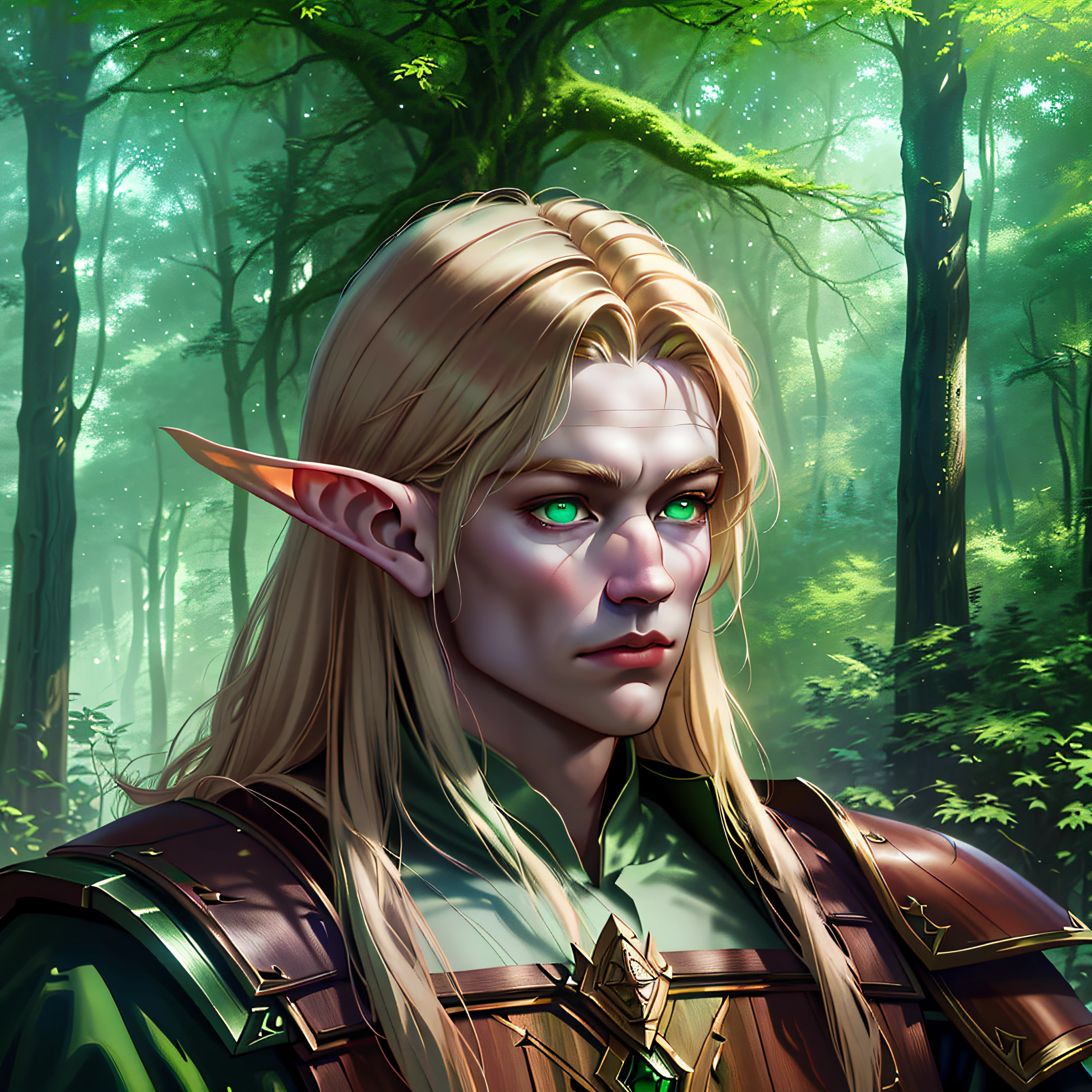 Elf man, masculine, portrait, character art, digital painting, dark wood forest, (Green eyes:1.3), [Blonde Hair:1.4], [Wooden Armour:1.7], [Magic], [Godrays:1.2] [[UHD]], [HD], [DND Style:1.5], (Singular man), [[Photo Realism]], [Character Art], [DND]