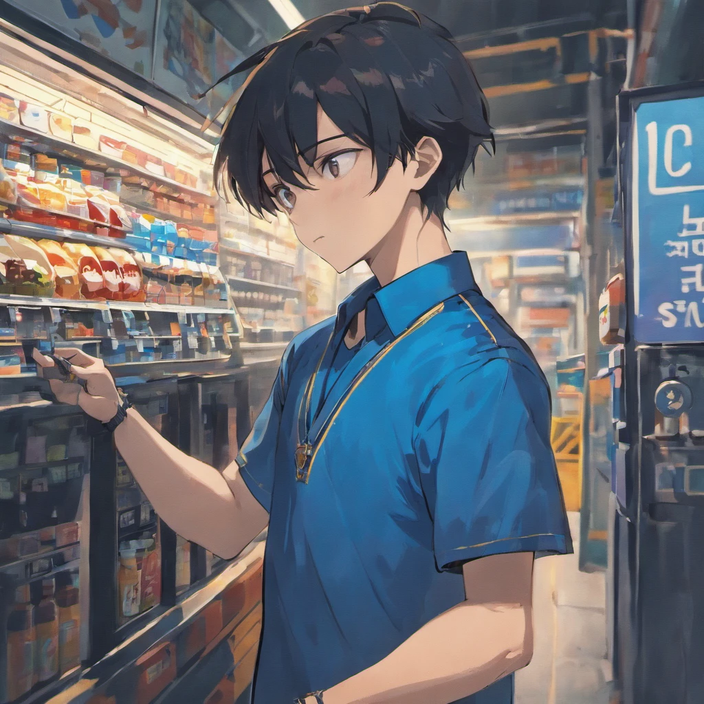 Anime boy in blue shirt looking at food in a store - SeaArt AI