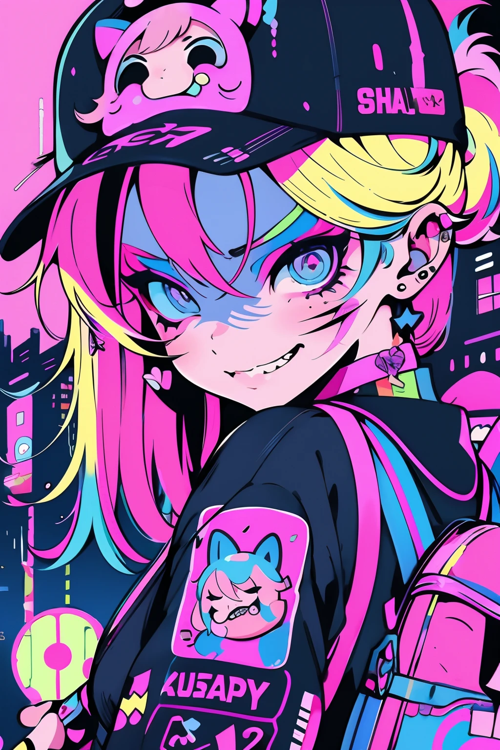 garota de anime com boné e nask, cabelo loiro, fundo de rua nas cores neon rosa e azul, cicatrizes, Adesivos, cara sorridente