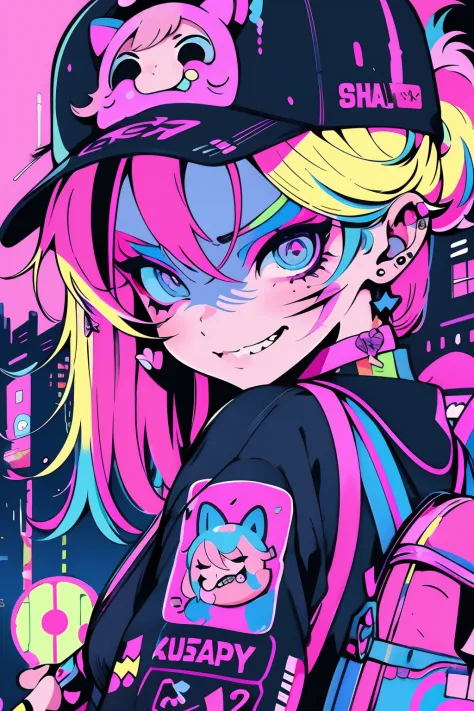 anime girl with a cap and a nask, blond hair, street background in neon pink and blue colors, scars, stickers, smirk face
