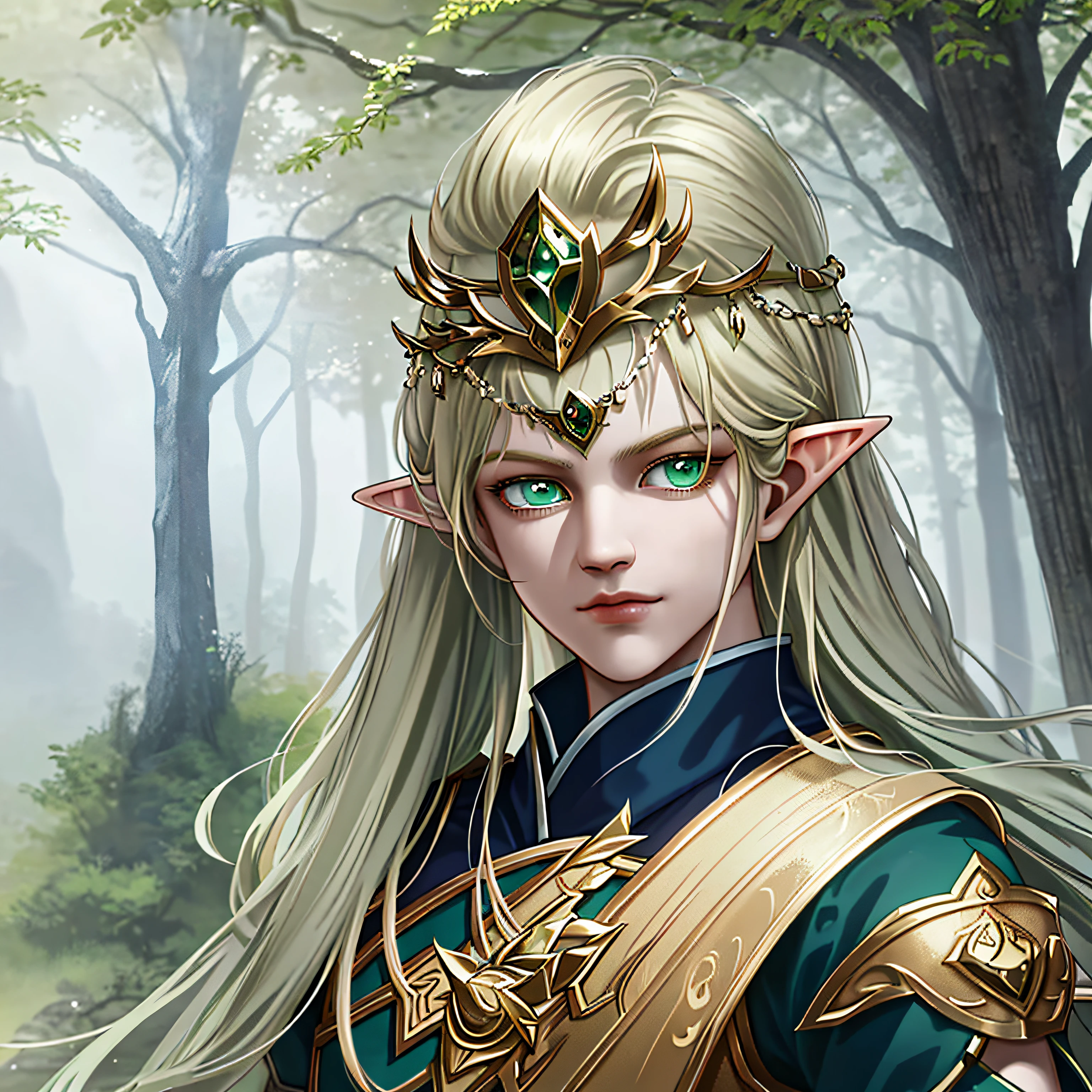 Elf man, masculine, portrait, character art, digital painting, dark wood forest, (Green eyes:1.3), [Blonde Hair:1.4], [Wooden Armour:1.7], [Magic], [Godrays:1.2] [[UHD]], [HD], [DND Style:1.5], (Singular man),