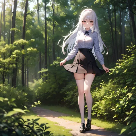 hight resolution, alone, 10yaers old, too large udder, too thin waist, short torso, Short high-waisted skirt, Black Thigh Socks, long legged, Standing in the forest, White hair, Too long straight hair, Iridescent eyes
