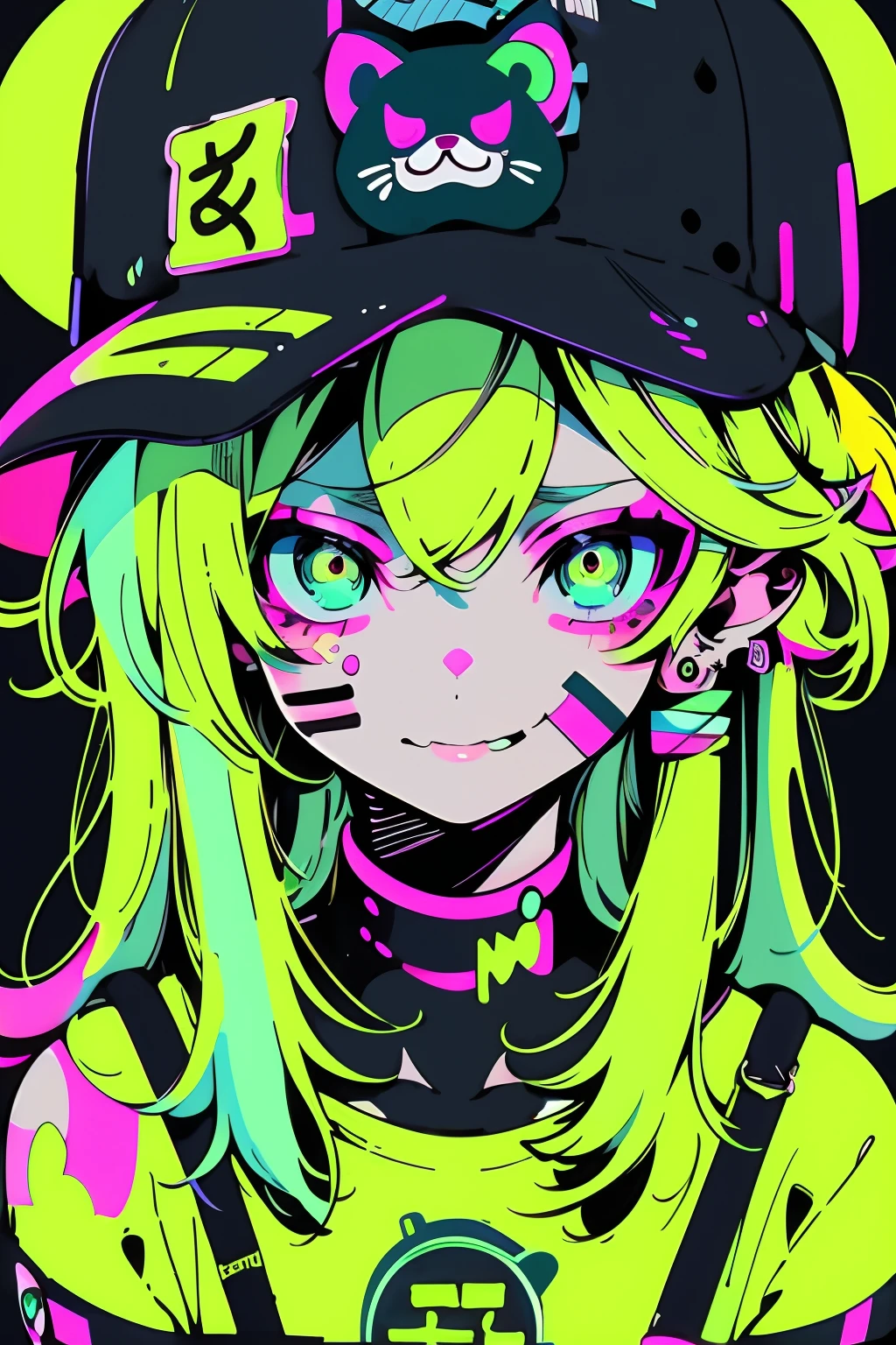 garota de anime com boné e nask, cabelo verde, fundo de rua nas cores neon rosa e azul, Adesivos, cara sorridente