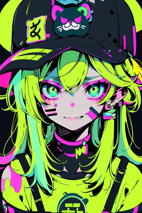 anime girl with a cap and a nask, green  hair, street background in neon pink and blue colors, stickers, smirk face
