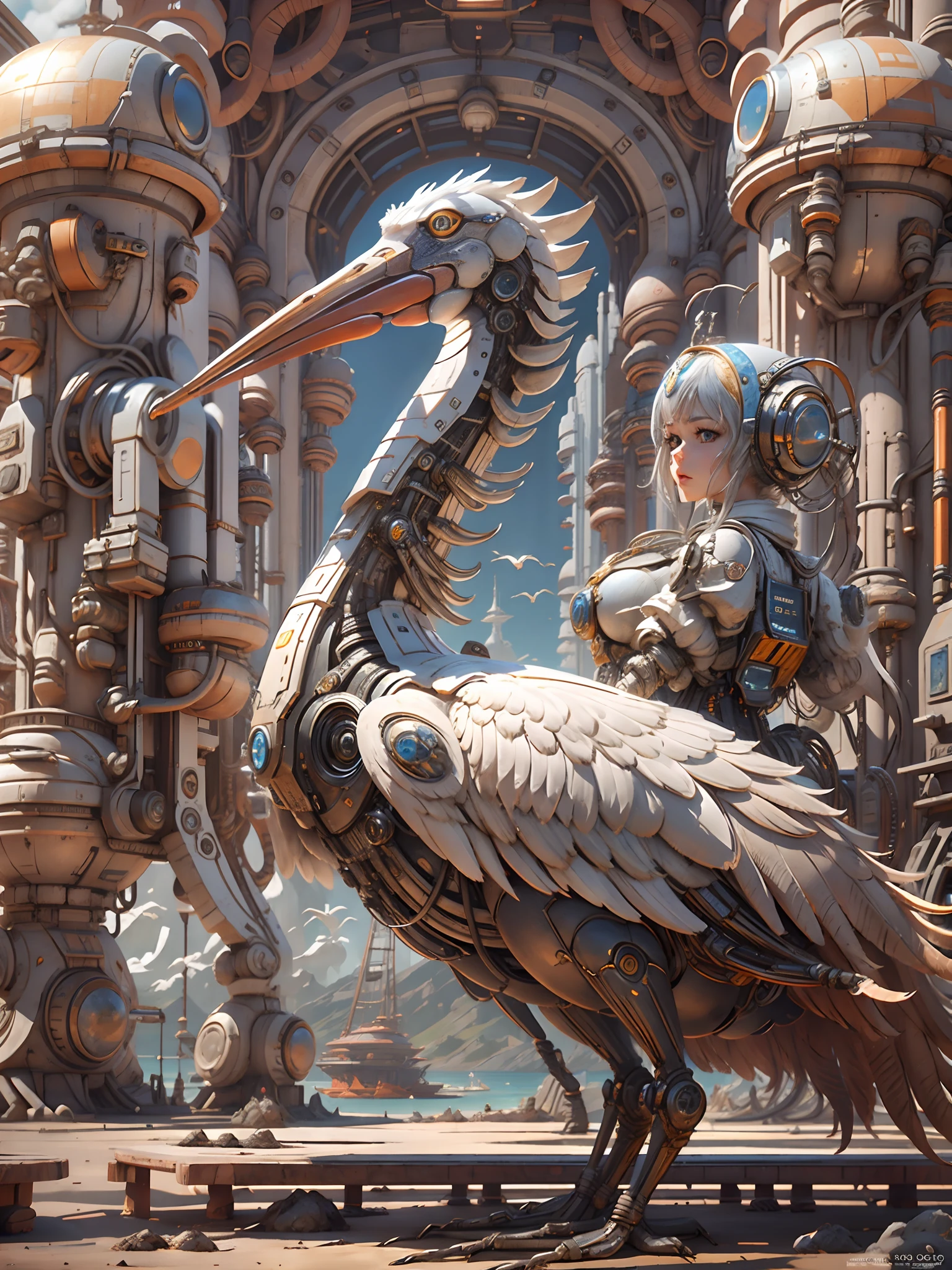 (Robot Pelican), Background: Seaside,{{Masterpiece}},{{{Best quality}}},{{Ultra-detailed}}, mechanical structure,Photography,author：Alberto Vargas and H.r. Giger,author：Andrey Remnev,rendering by octane,high resolution,hyper qualit,High detail,8K surrealism,Medium Shot Shot,