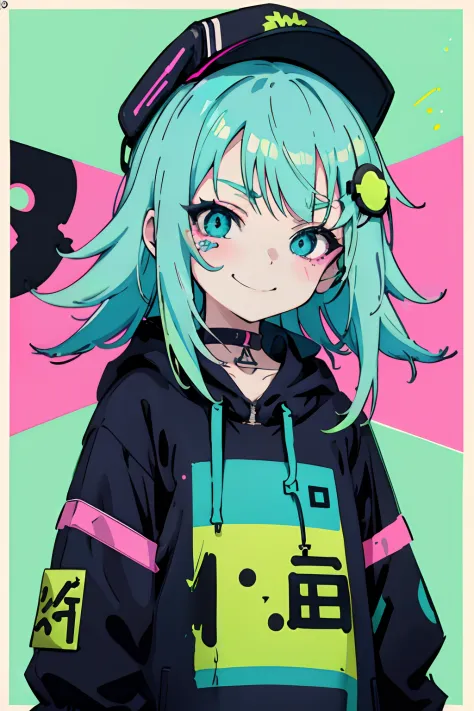 anime girl with a cap and a nask, green messy hair, street background in neon pink and blue colors, stickers, smirk face