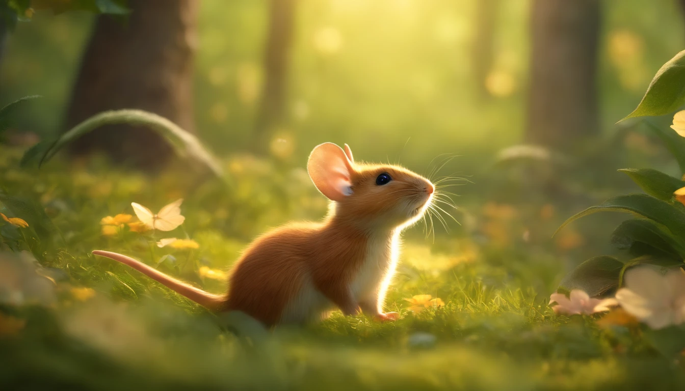 (best quality,4k,highres),a mouse in the forest,children book,joyful moments,nature's beauty,vivid colors,playful atmosphere,curious eyes,cute little paws,lush greenery,beam of sunlight,dreamy illustrations,storybook magic,enchanted forest,dancing leaves,giggles and laughter,whimsical creatures,happy adventures,twinkling stars,magical encounters,little explorers,wonder-filled stories,friends forever,innocent wonders,delightful surprises,imagination unleashed,fantastical journey,heartwarming scenes,unforgettable memories,fairy tale charm,friendship bonds,strong imaginations,blissful harmony,bursting with colors,sparkling dew drops,joyful playtime,mischievous smiles,endless possibilities,beautifully illustrated pages