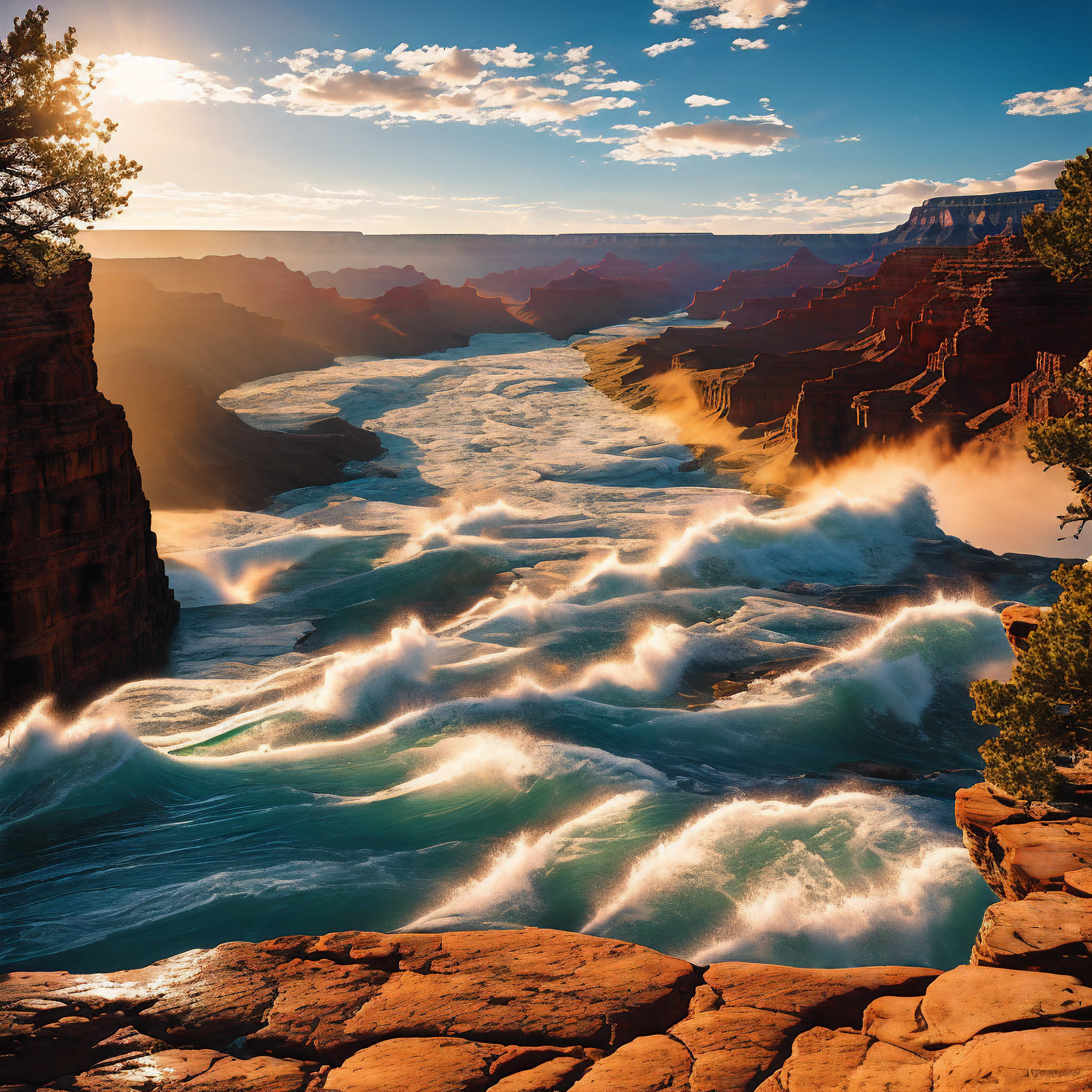 Le soleil matinal s’est glissé sur le bord du Grand Canyon, jetant des rayons dorés sur la vaste merveille de la nature. D’en haut, Le réseau complexe de canyons et de formations rocheuses semblait minuscule, comme des veines qui traversent la peau de la terre. Un mince ruban de rivière serpentait à travers le fond du canyon loin en dessous.

Soudainement, Un grondement lointain commença à emplir l’air. La rivière s’est déplacée, déferlant dans son lit. Soudainement, Un énorme mur d’eau de mer s’est effondré autour du coude du canyon, Avaler entièrement la rivière. Cette vague imposante s’est écrasée contre les parois du canyon, pulvérisation de brouillard à des centaines de pieds dans les airs.

D’autres vagues sans fin ont suivi, chacun débordant des corniches du canyon, submerger plus de roche et de terre. Les violents, L’eau bouillonnante grondait sur d’énormes rochers, arracher les arbres de leurs racines. Le bruit assourdissant résonnait dans le canyon alors que l’océan implacable se déversait.

En quelques minutes, tout le Grand Canyon se remplissait d’eau de mer écumante. Les vagues s’agitaient de manière chaotique d’un côté à l’autre au fur et à mesure que l’océan se déplaçait. La force était choquante par sa puissance brute et sa vitesse. Les endroits où les sentiers tranquilles serpentaient autrefois étaient maintenant des torrents déchaînés.

Bientôt, le niveau de l’eau s’éleva au-dessus des points les plus élevés, transformer le Grand Canyon en baignoire géante. Les panoramas, autrefois immobiles, n’étaient plus qu’une étendue tumultueuse sans fin qui s’étendait dans toutes les directions. L’océan s’était emparé de ce paysage. Là où il y avait autrefois de la roche taillée, Maintenant, il n’y avait plus que des vagues qui gonflaient puissamment dans la lumière du matin. Le Grand Canyon n’était plus.