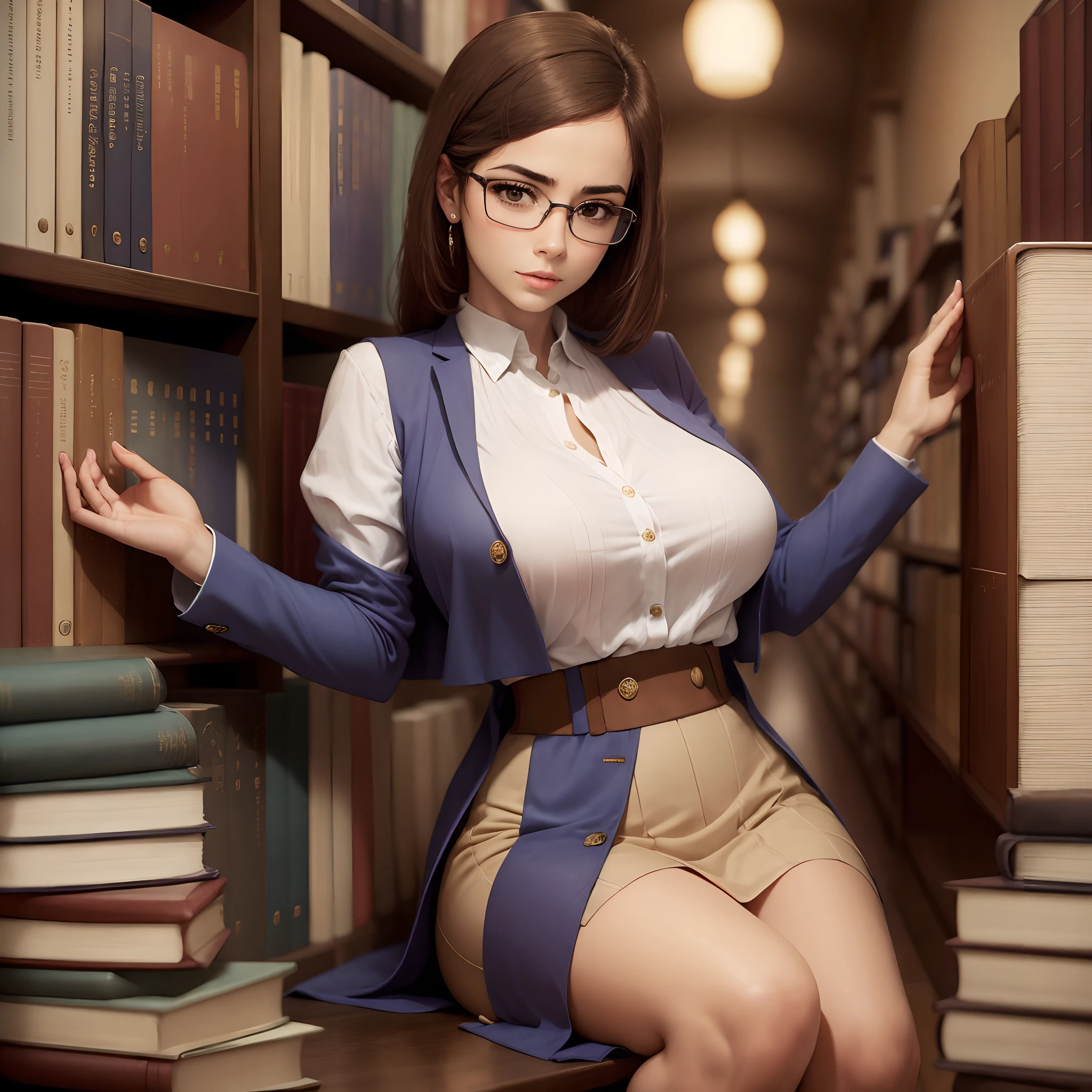 1mujer, hermosa, sensual, en biblioteca, con lentes, pechos grandes, delgada, elegante
