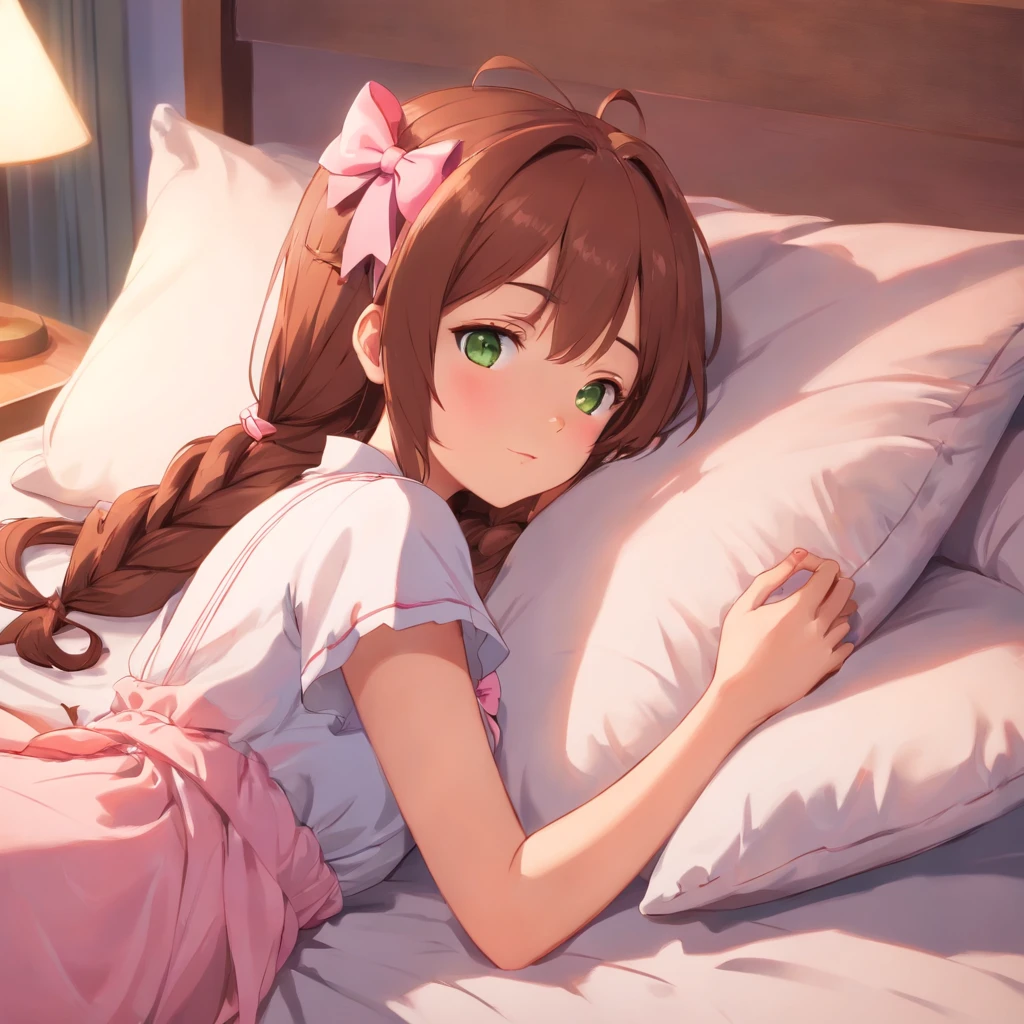 Chica anime acostada en la cama con almohadas y una lámpara. - SeaArt AI